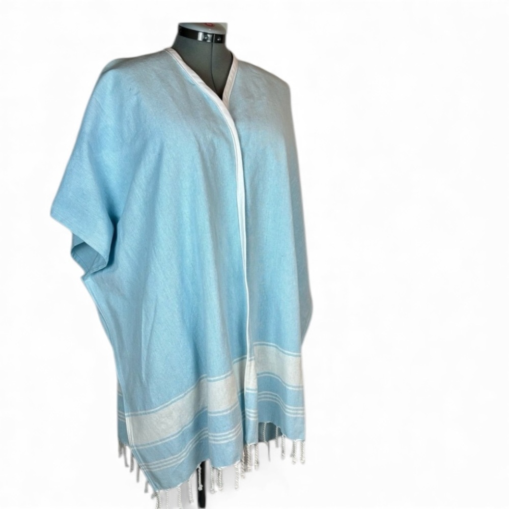Light‎ Blue Kimono with White Fringe Hand Crafted